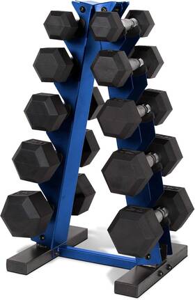 Cap Barbell 702556173725 150 Lb Coated Hex Dumbbell Weight Set With Blue Rack