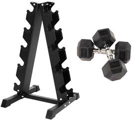 Sf2try-db25p Fitvids A-rack Rubber Encased Hex Dumbbell 25lb Pair With A-frame Black