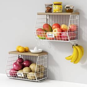 Gzfb24-001 Goozii White Wire Basket Fruit Storage For Kitchen Counter Set Of 2 Wall Mount Frui