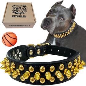 Teemerryca 750226865456 Black Leather Dog Collar With Gold Spikes For Small Medium Large P