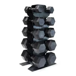 Dumbbell Set 150 Lb Rubber Coated Hex Black Handles Vertical Rack Cap. Fixed Price $299.99.